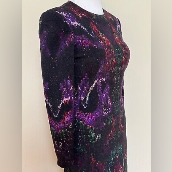 Alexander McQueen Black Purple Green Feather Print Pencil Dress - Picture 7 of 15